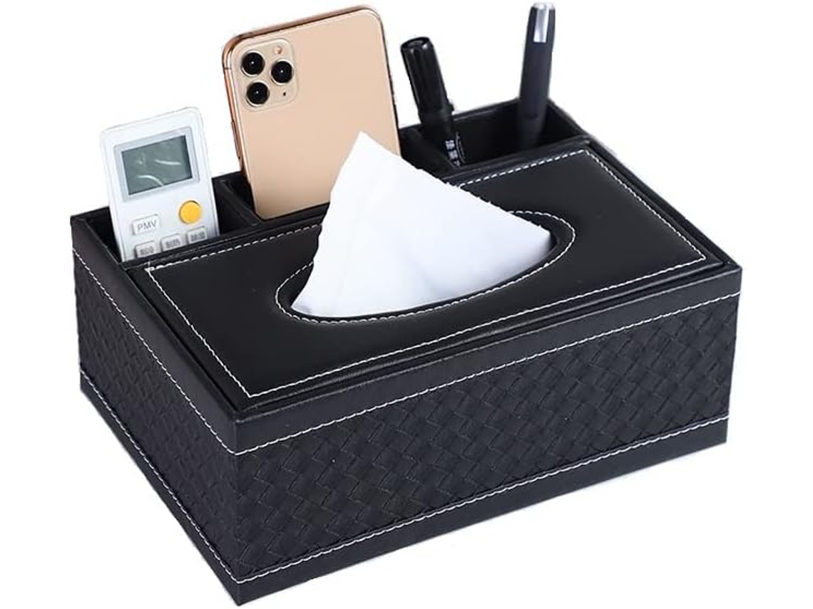 Caja de pañuelos rectangular de cuero sintético, multifuncional para el hogar, caja de almacenamiento de escritorio, color negro