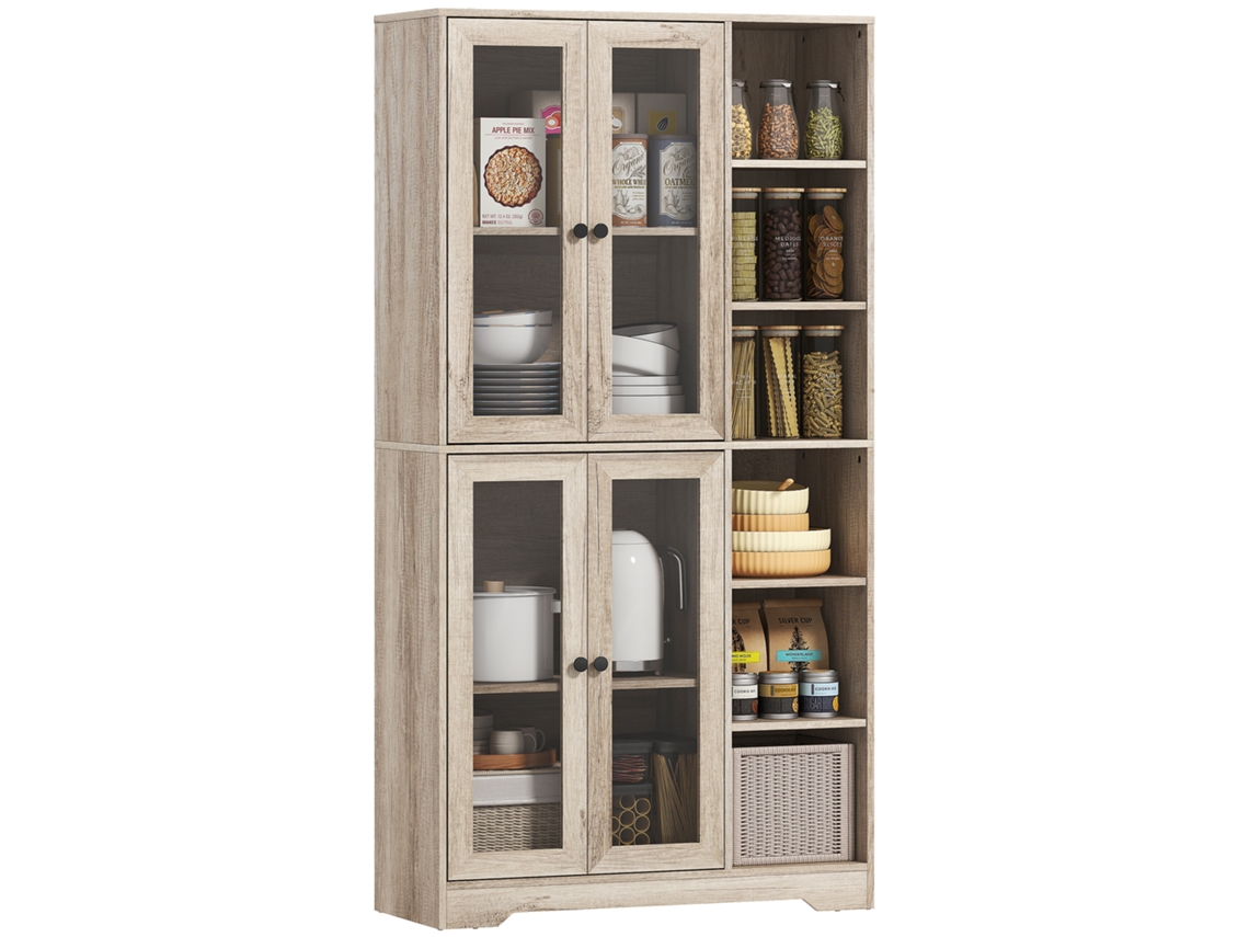 Mueble de cocina auxiliar con estantes abiertos y 4 puertas de cristal, 90x35x172 cm, gris claro.