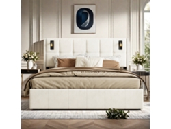 Cama de 160x200 cm, Cabecero con almacenaje y LED, Sistema Hidráulico, Lino Ycone (beige)