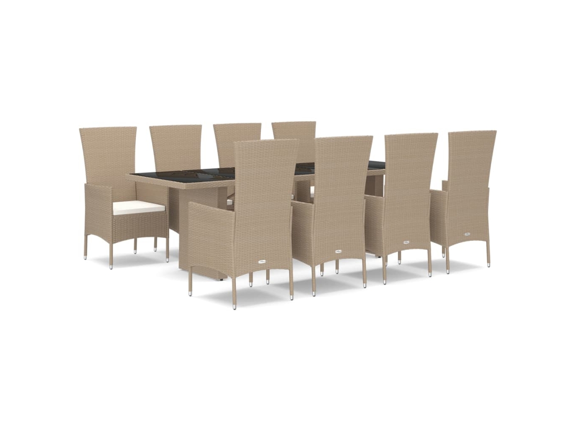 Conjunto 9 comedor de jardín VIDAXL con cojines ratán sintético beige