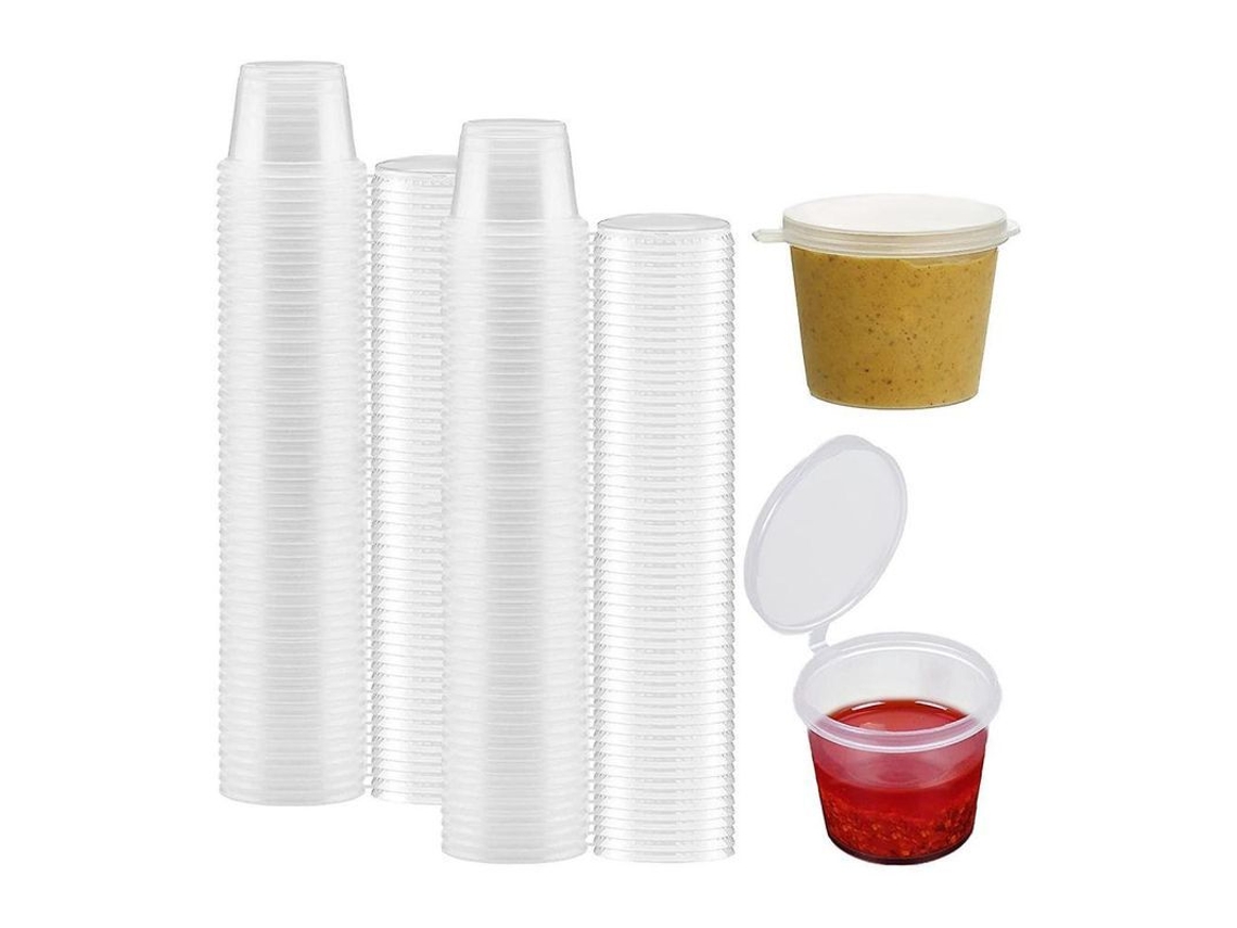Rebe-100 Envases redondos de 28 g con tapa incorporada, tarros reutilizables para salsas y gelatina, pequeños vasos transparentes.