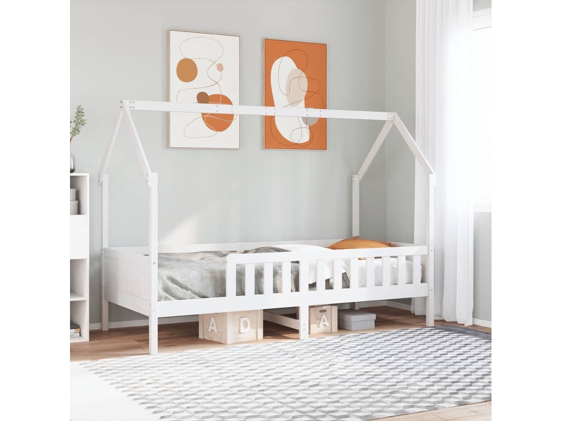 Cama Con Forma De Casa De Niños Madera Maciza Blanca 90x190 Cm