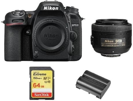 Kit Cámara Réflex NIKON D7500 + AF-S 35MM F1.8G DX + Tarjeta SD de 64GB + bateria EN-EL15A