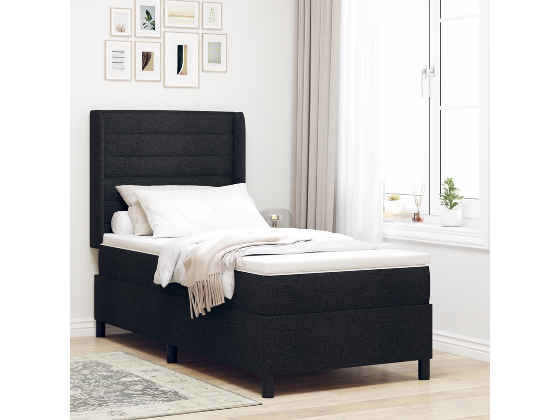 Cama Box Spring Colchón Y Led Tela Negro 100x200 Cm