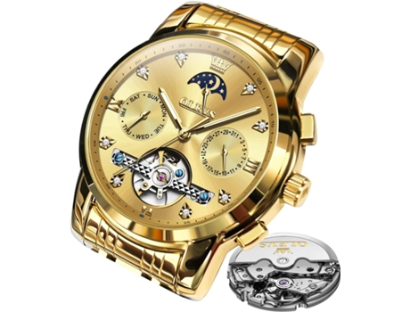 VEANXIN Reloj Tourbillon con Diamantes y Fase Lunar Luminoso Resistente al Agua de Acero Inoxidable Hueco automático para Hombres(oro)