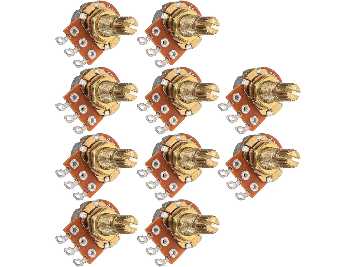 Paquete de 10 potenciómetros para guitarra A250k de 250kΩ con ranura corta, componentes metálicos para control.