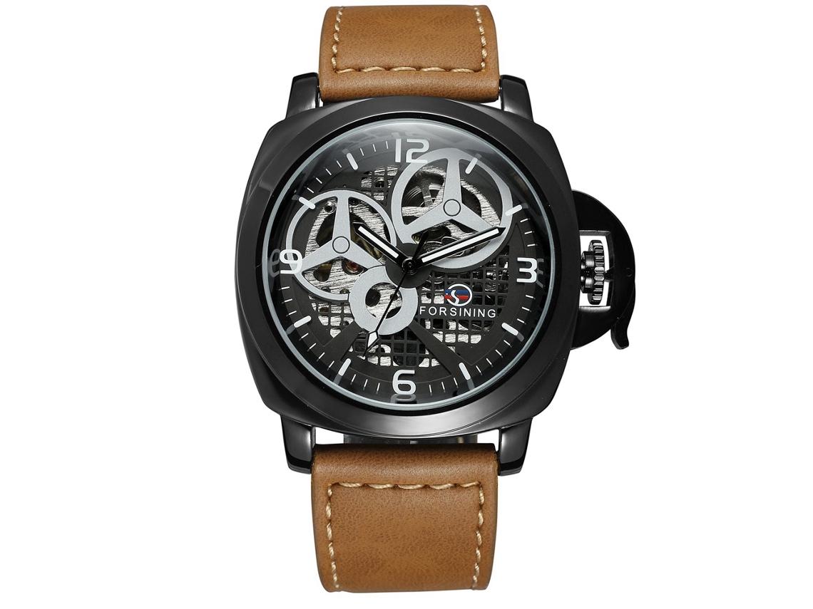 Reloj Automático Para Hombre Forsining Con Correa De Cuero Y Esfera Redonda Calada, Negro Y Marrón.