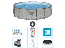 Piscina BESTWAY Round Steel Pro MAX - Estampado Piedra - 488 x 122 cm - Incluida Bomba - Escalera - Cobertor Accesorios CB30