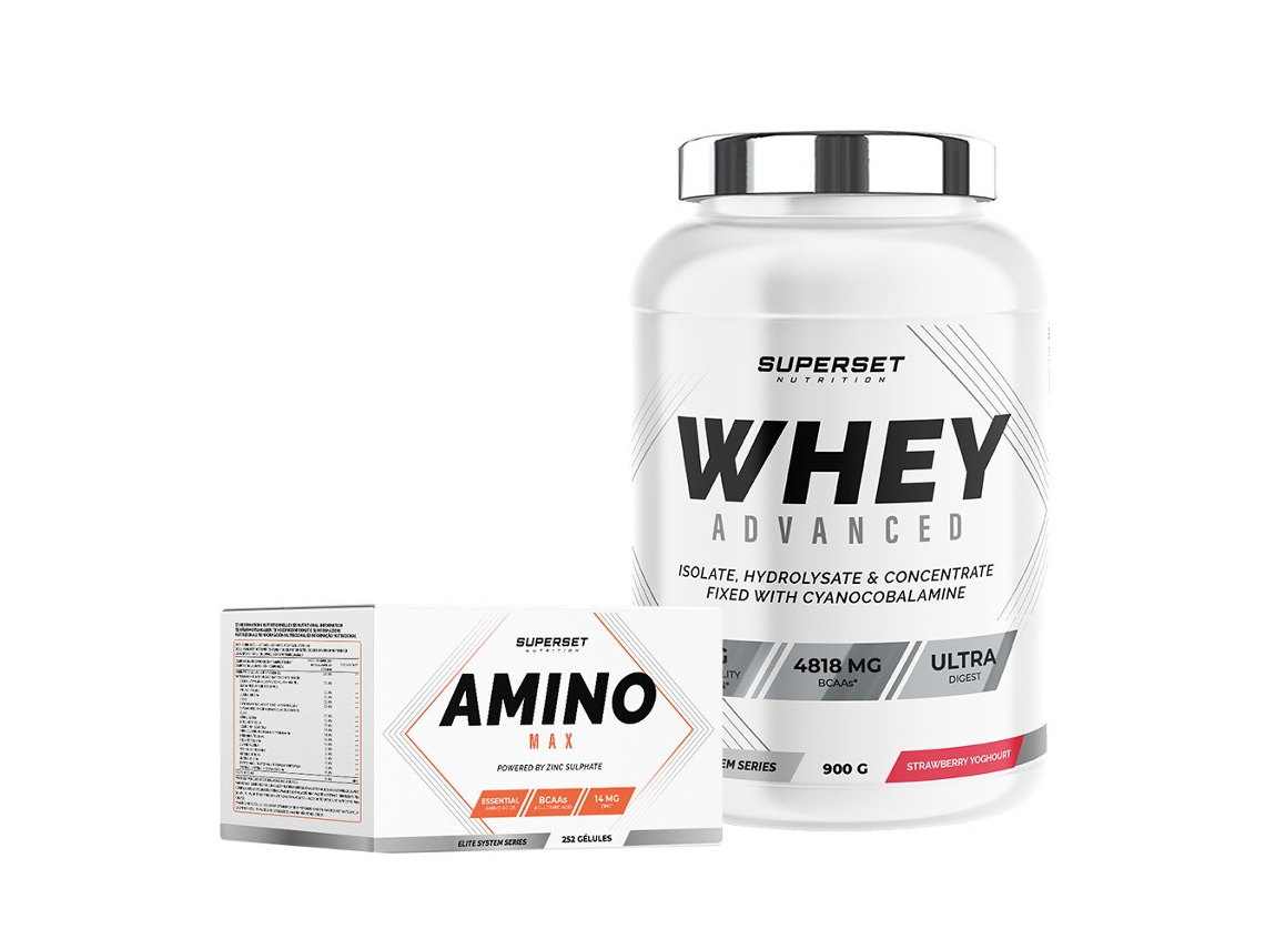 Programa para principiantes de aumento de masa muscular magra 100 Whey Protein Advanced 900 g Yogur de fresa Amino Max Superset Nutrition
