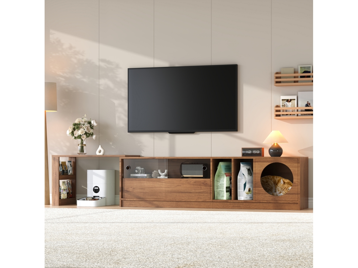 Moderno mueble de TV giratorio, multifuncional y extensible con puertas de cristal templado y zona de descanso para gatos, 180 × 40 × 50 cm (80)