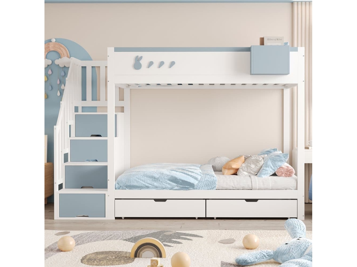 Cama Litera Infantil 90x200 Cm - Con Motivos De Conejo Y Zanahorias, Escalera Segura, Cajones, Blanco Y Azul