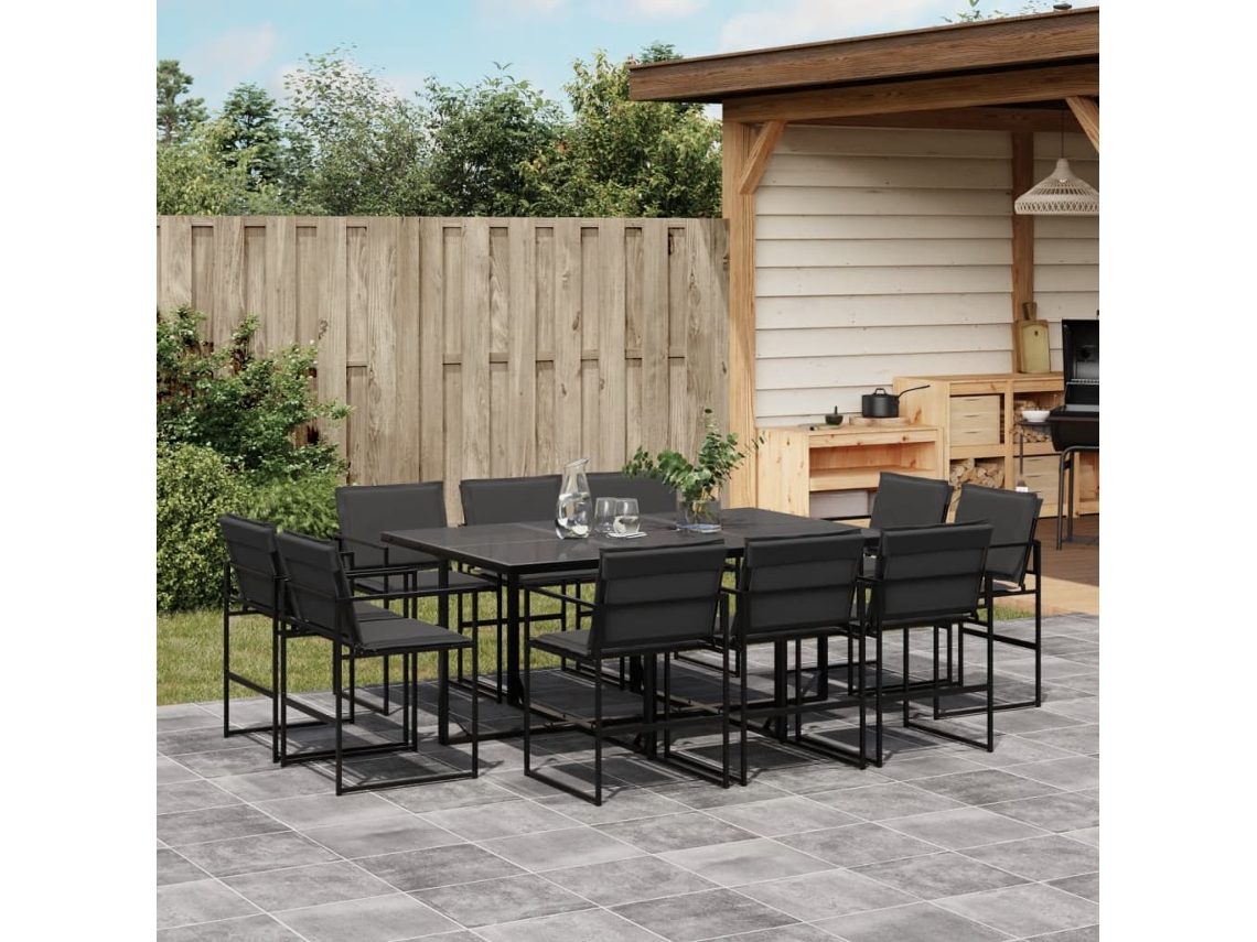 11 unidades Conjunto. De Jantar P/ Jardim C/ Almofadões Textilene Preto Dkd Home Decor