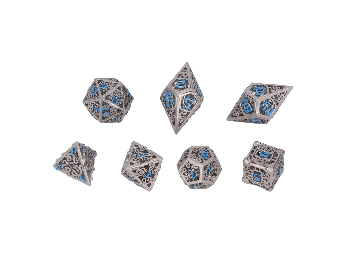 Ats-set De 7 Dados Huecos De Latsón Poliedros Con Números Azules Para Juegos Bonitos De Dados