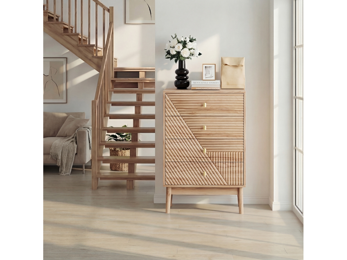 Cómoda Moderna De Madera De Roble Con 4 Cajones Para Salón O Dormitorio.