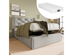 Cama Individual De 90x200 Cm Con Compartimento De Almacenamiento Hidráulico, Estructura Metálica, Tapicería De Algodón Gris Claro Y Colchón.