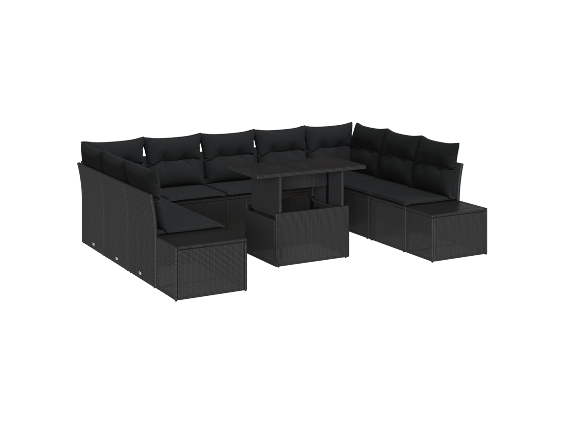 Conjunto de sofás de jardín Vidaxl de 10 piezas, ratán negro y tela