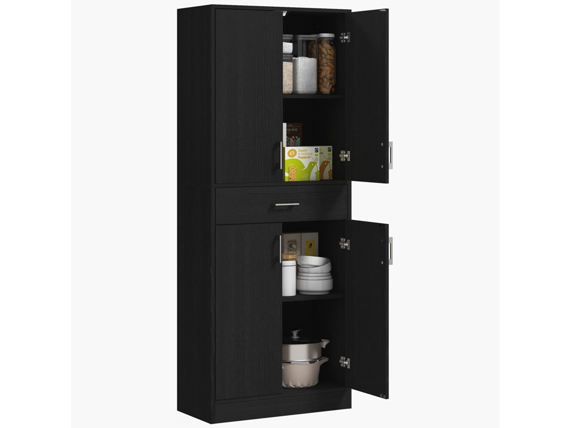 Aparador alto de cocina con 4 puertas, 2 armarios, 1 cajón central, 2 estantes ajustables, 180 cm, negro | Sin marca