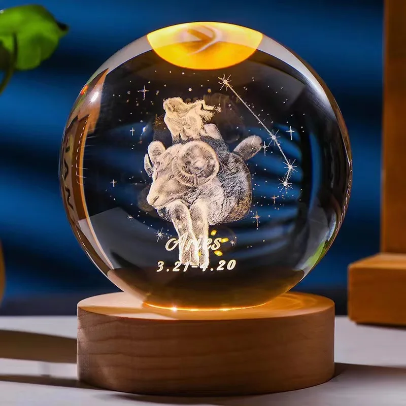 (aries 6x6cm Con Luz) Bola De Cristal De Doce Constelaciones De 6,8 Cm, Base De Madera Con Led