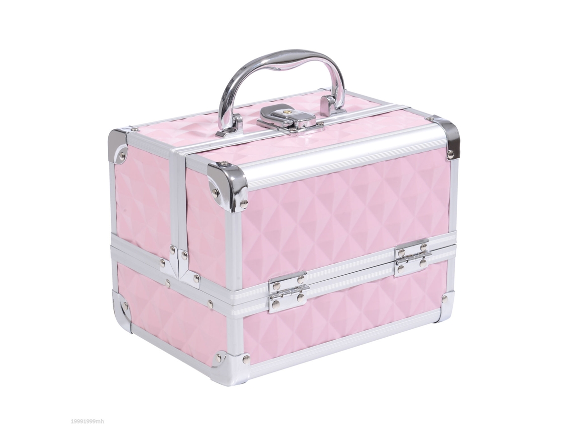 Bolsa Maquiagem Profissional 20x15x15cm, Perfil Alumínio Cabo Bandeja Balanço Rosa