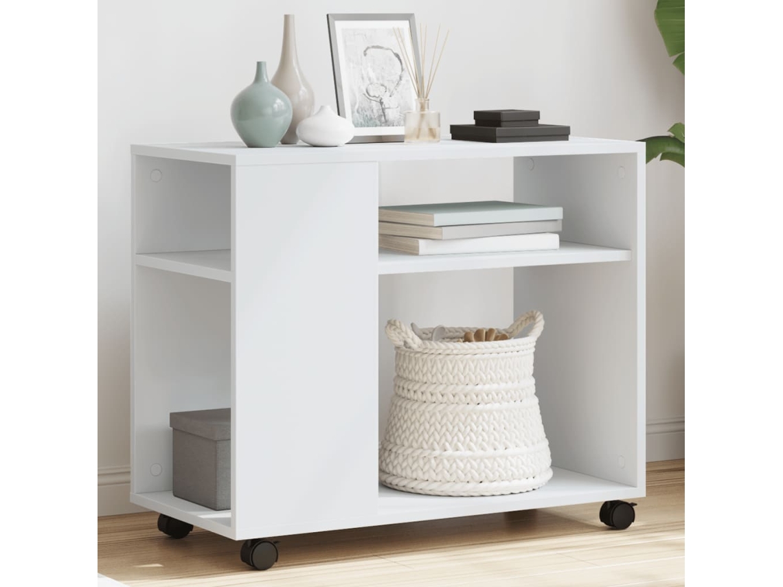 Mesa Auxiliar | Mesa Lateral Con Ruedas Madera Ingeniería Blanco 70x35x60 Cm