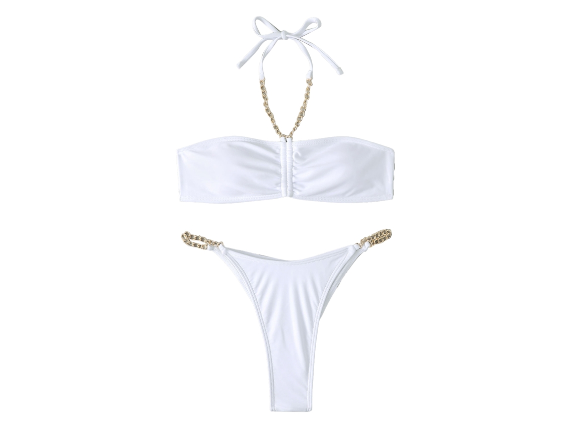 Bikini blanco de dos piezas con efecto push-up y cadena dorada, talla M