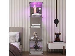 Vitrina de cristal de 4 niveles con iluminación LED, una puerta, diseño con espejo, para libros de colección y vinos, 163 x 42 x 36 cm, blanca.