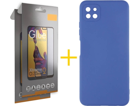 Funda y Protector 2x de Vidrio Full Samsung Galaxy A22 5G SKYHE Silicona Líquida Azul