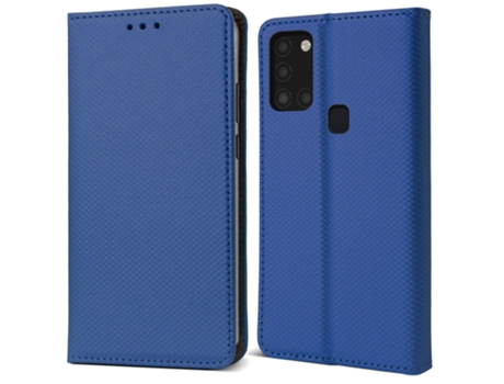Funda Flip MOOZY para Samsung A21S en azul oscuro - Funda magnética inteligente con soporte para tarjetas y soporte.