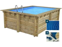 Piscina rectangular de madera "Caimans" - 4,10 x 3,00 x 1,24 m + cubierta de burbujas de 180 µ - cubierta de invierno de 280 g/m²