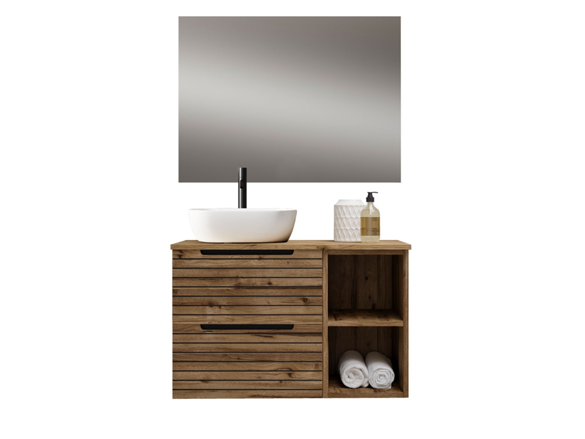 Mueble de Baño con Lavabo, Espejo y Luz Led Ken 60x45 Cm Acabado Desierto Mate 2 Cajones Suspendidos Kibath