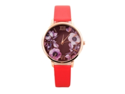 Reloj De Pulsera Casual De Moda Para Mujer Con Esfera Redonda Floral, Piel Sintética Y Movimiento De Cuarzo Rojo.