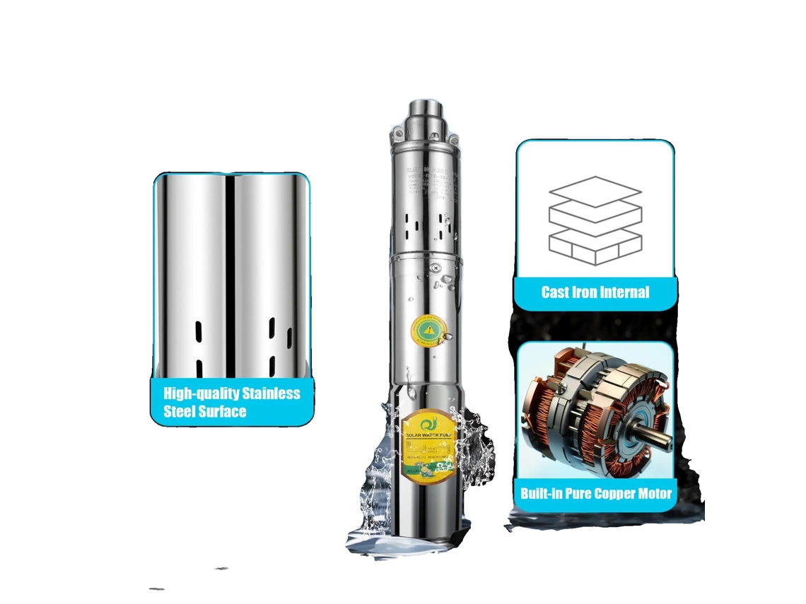 Bomba de agua solar de 24 V, alto caudal de 2 m³/h, altura máxima de elevación de 65 m, acero inoxidable duradero OEM