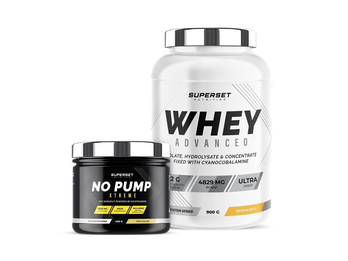 Programa de acondicionamiento físico energético 100 Whey Proteine Advanced 900 g Banana Split No Pump Xtreme Piña Colada Superset Nutrition