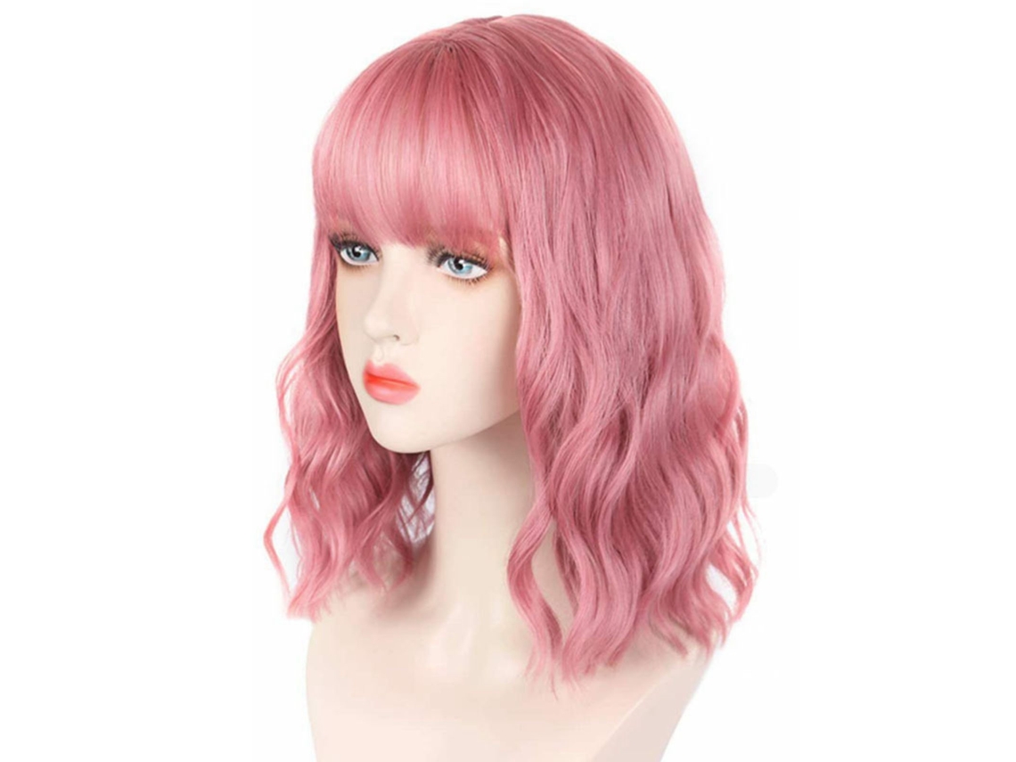 Peluca Rosa Larga Rizos 38cm Para Fiesta Cosplay Pelo Sintético De Alta Temperatura Ajustable