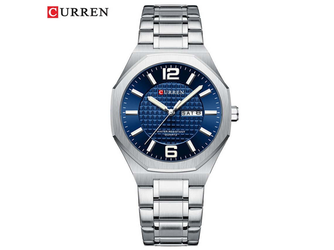 (azul Plateado) Reloj De Cuarzo Sencillo E Impermeable Con Correa De Acero Inoxidable, Fecha, Estilo Casual De Negocios, Forma Octogonal.
