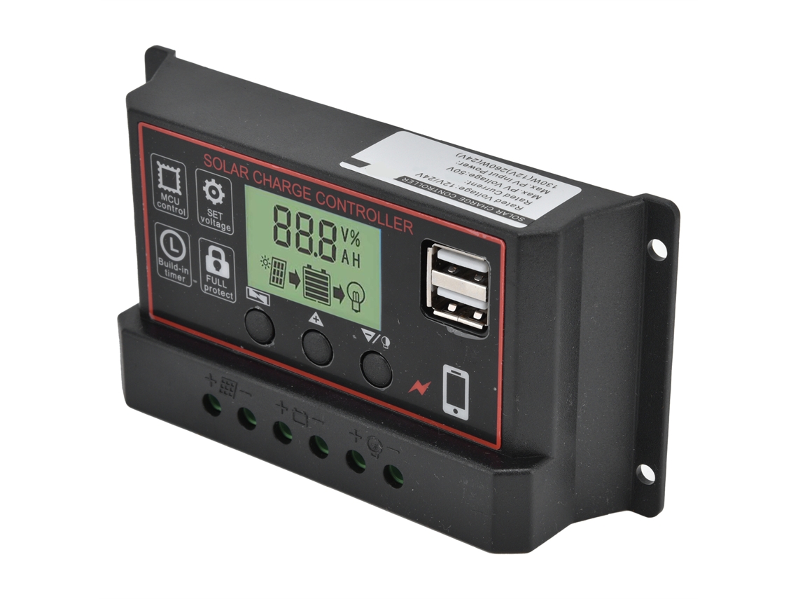 Controlador de carga solar inteligente 2026dz con doble puerto USB de 12/24 V y 30 A PWM para paneles de baterías.