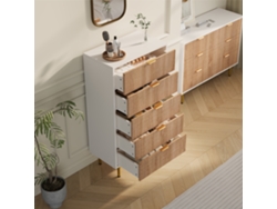 Cómoda 5 Cajones Madera Y Blanco Con Tiradores Dorados Estilo Moderno