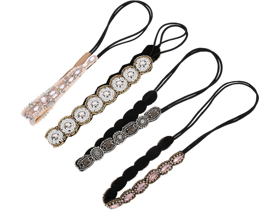 Nuobesty 4 Piezas De Diademas Elásticas Para Mujer Adornadas Con Diamantes De Imitación Y Cuentas De Vidrio, Cómodas Para