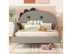 Cama Infantil 90x200 Cm Gris, Cabecero Dinosaurio, Estructura Plana Pu Para Habitación