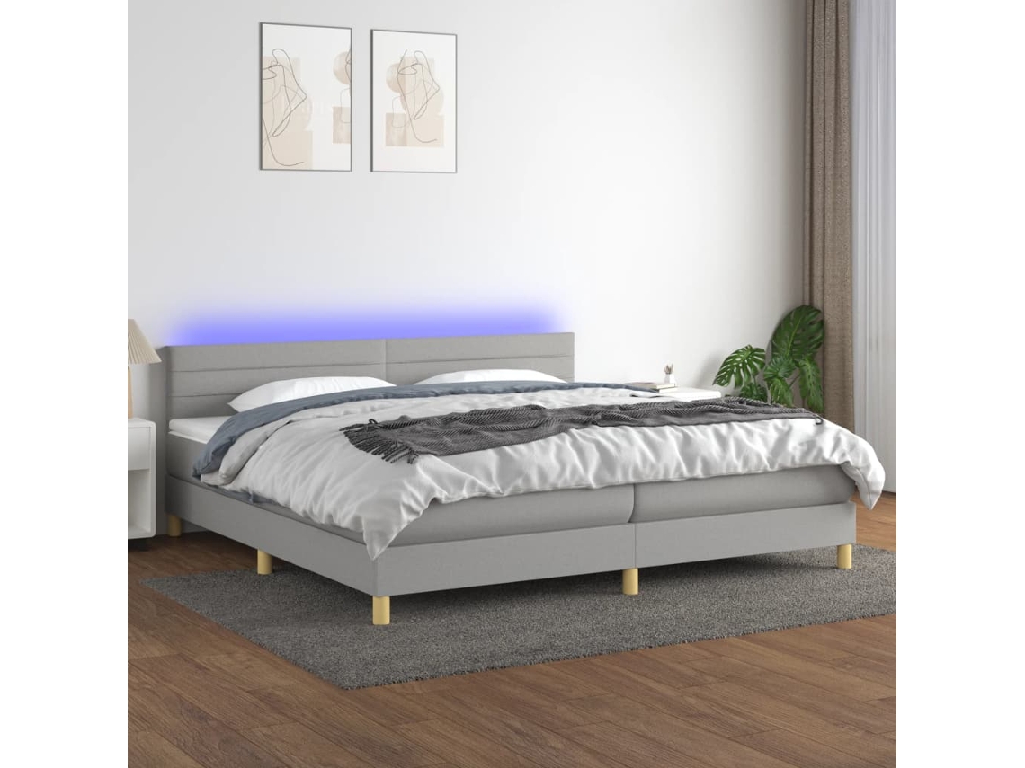 Cama Box Spring Con Colchón Tela Y Led Gris Claro 200x200 Cm