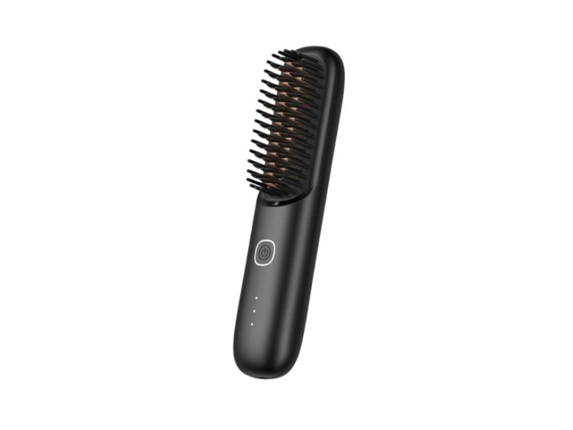 Plancha de pelo portátil inalámbrica (negra) con iones negativos, función de alisado y rizado.