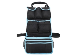 Bolsa de almacenamiento para coche con múltiples bolsillos, fabricada en tejido Oxford negro y azul, con lazo para colgar extraíble.