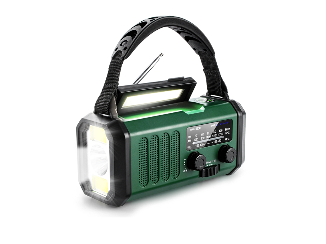 Radio de emergencia portátil Viewleaf con 10000 mAh, FM/AM/NOAA, energía solar, manivela, linterna LED, alarma SOS y batería externa.