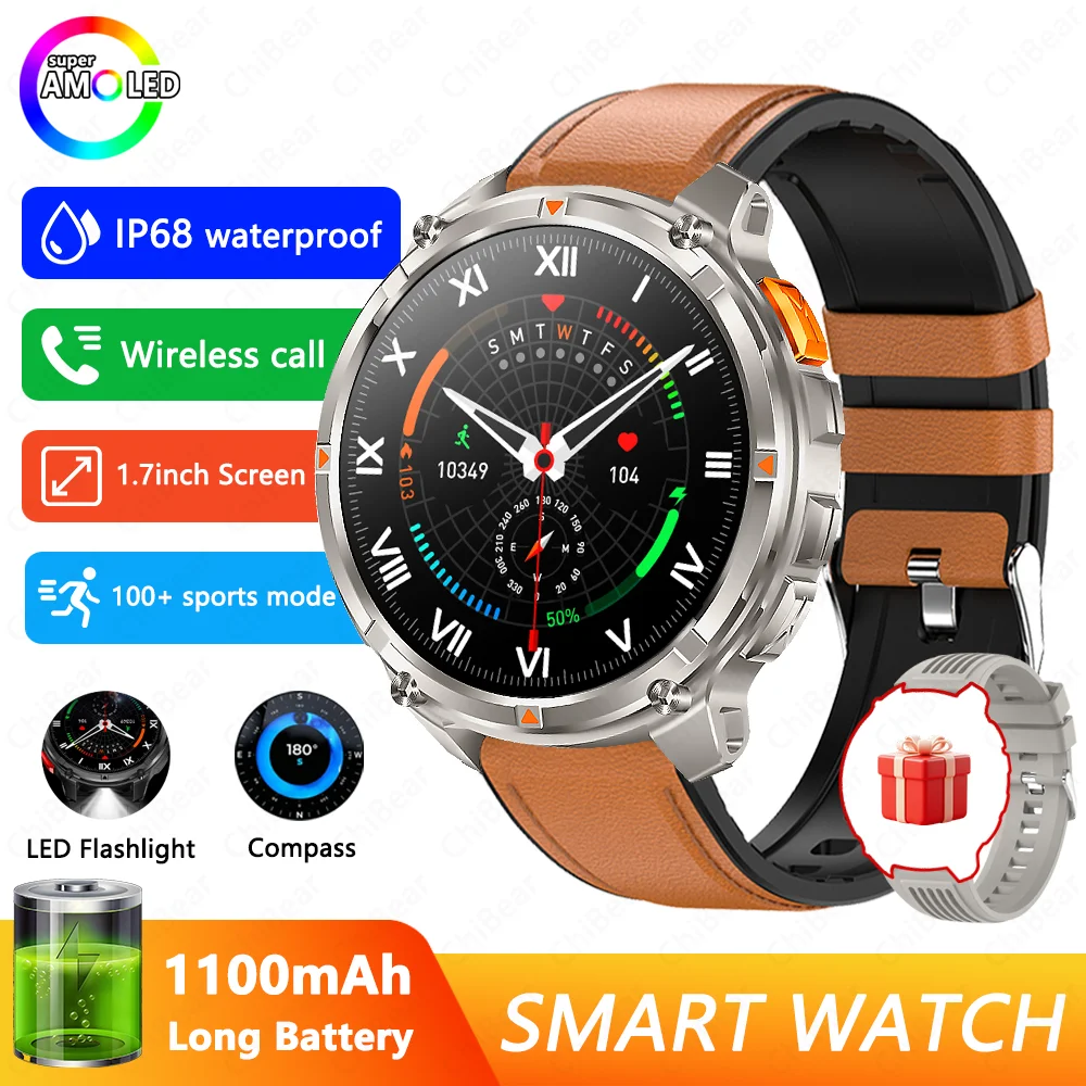 Smartwatch com Gps, À Prova D'água, Chamadas Bluetooth e Tela Grande de 1,7 Polegadas. MDUG (pulseira Marrom)