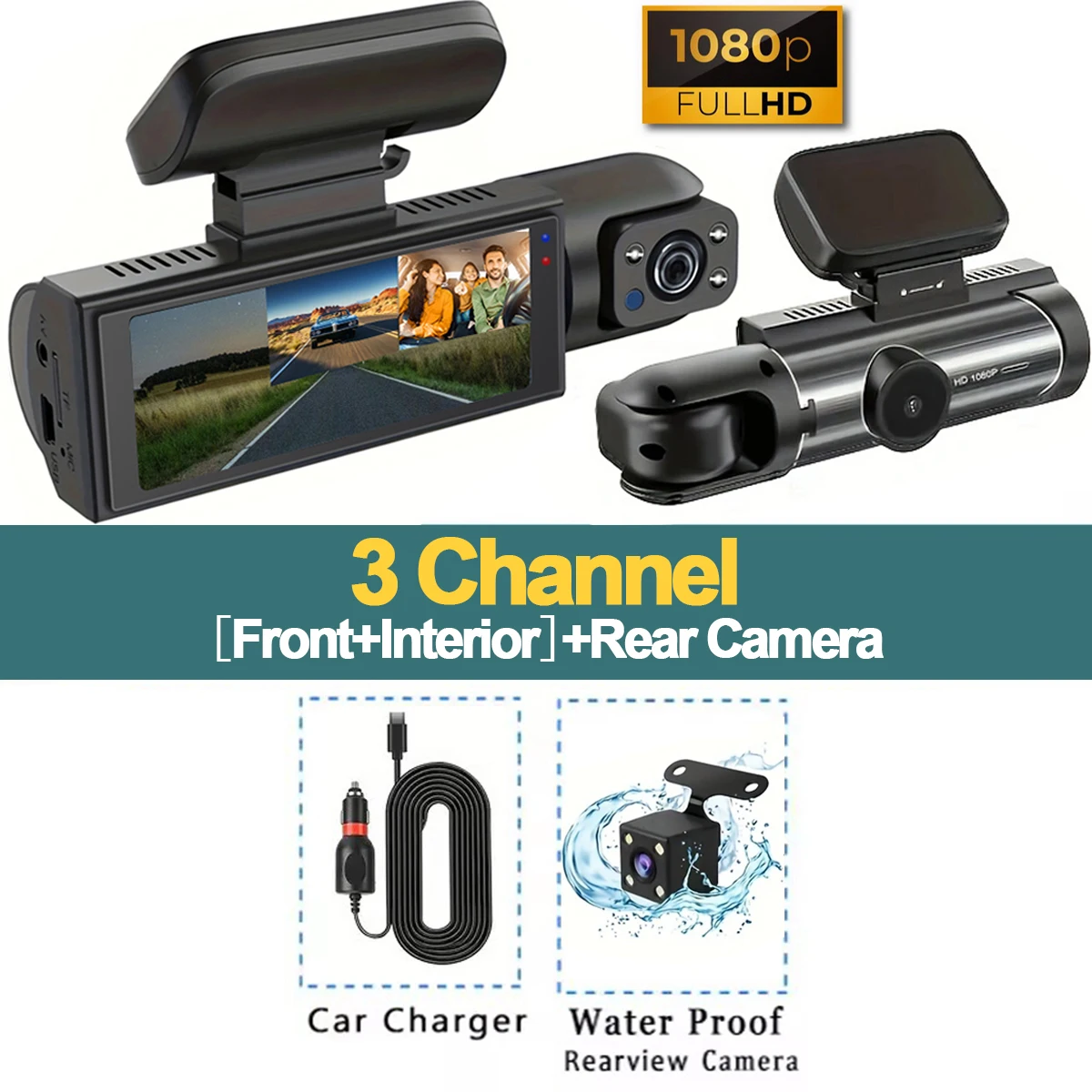Dvr Para Coche, Cámara De Salpicadero 1080p (tarjeta Sd De 32 Gb, 3 Canales)