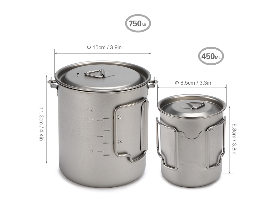 Juego De Vasos Ultraligeros De Titanio De 450 Ml Y 750 Ml Con Asa Plegable Y Tapa Para Acampada Al Aire Libre.