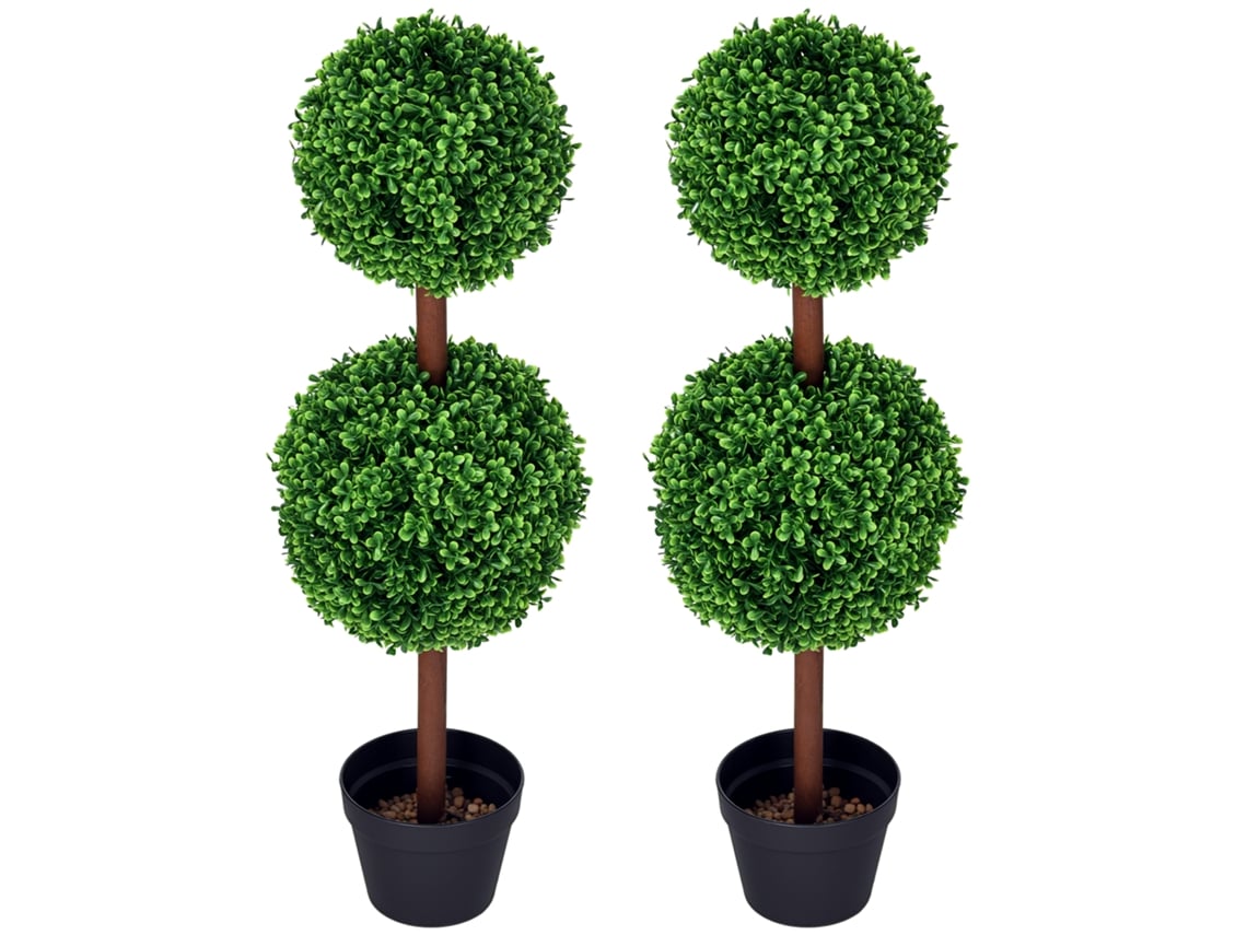 Juego de 2 árboles de boj artificiales con doble base, tronco y maceta incluidos, 90 cm de altura, color verde. VISTA