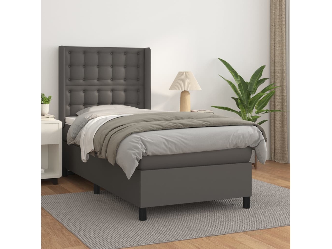 Cama Box Spring Con Colchón Cuero Sintético Gris 90x190 Cm