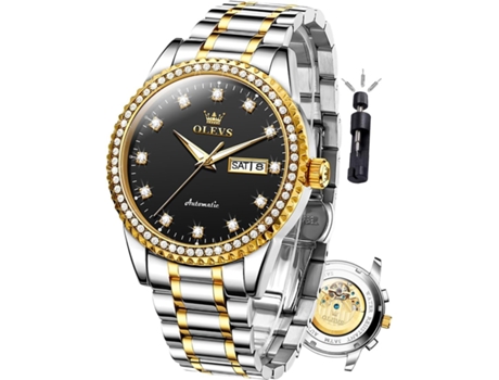 VEANXIN Reloj mecánico para Hombre Reloj Hueco Impermeable para Hombre(Plata Oro-Negro)