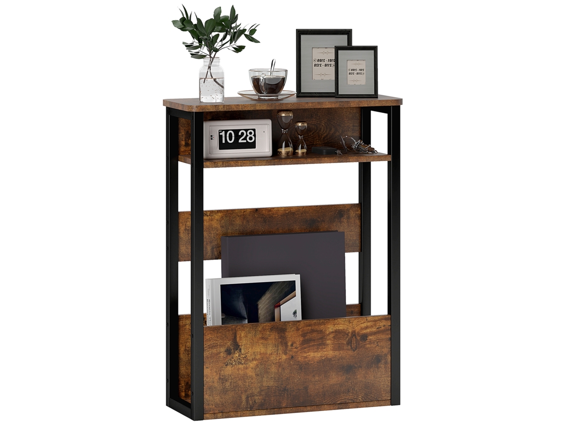 Mesa De Centro De Estilo Industrial Con 2 Estantes, Madera Y Metal, 46x18x58,5 Cm, Marrón.